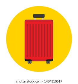 Traveling by plane, train, car. Cartoon, comic book, 2d drawing. Red suitcase on a yellow background. Suitcase on wheels flat icon for illustration. Lazy, winter trip to the beach, sea, vacation.