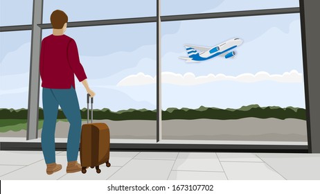 Traveling by plane. A young man with a suitcase at the airport looks at a flying plane. Vector stock isolated illustration.