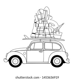 Traveling by retro car, Vector retro car with luggage, Retro style, Surfing. Antistress coloring page