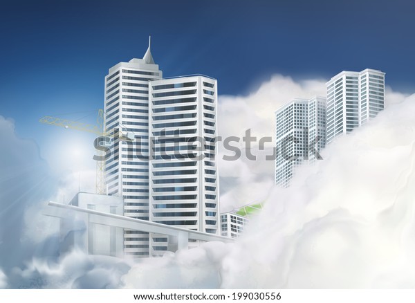 Traveling by taxi in the clouds, vector background