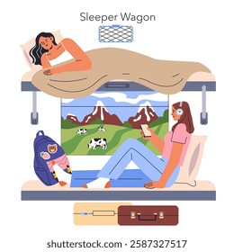 Traveling by train offers unique experiences, especially in a sleeper wagon. Two travelers enjoy scenic views of mountains and cows while relaxing on their bunks. One reads on her phone while the