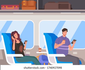 Traveling by train people tourists characters listening music. Vector flat graphic design cartoon illustration