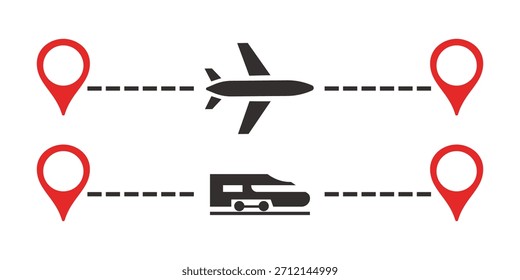 Viajar en tren o avión. Iconos del vector aislados en el fondo blanco.