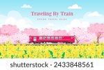 Traveling by train, Spring travel guide vector illustration. Cherry blossom and Canola field