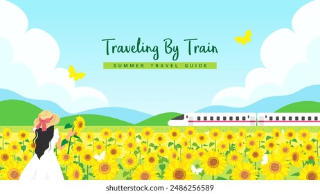 Traveling by train, Summer travel guide vector illustration. Woman watching railway train running through sunflowers field