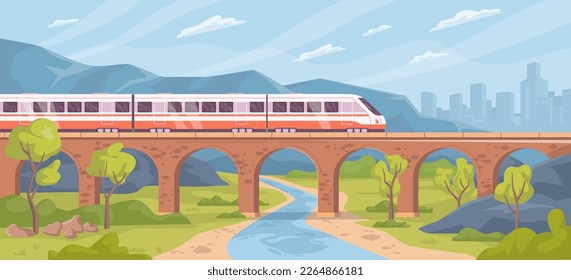 Traveling by train through nature landscape. Old brick bridge and river, transportation and tourism. Means of commuting. Flat cartoon, vector illustration