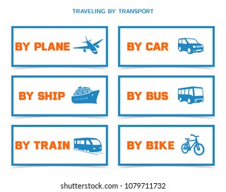 Traveling by various transport icons set. Vector banners