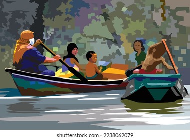 Traveling by villagers using boats in Thailand