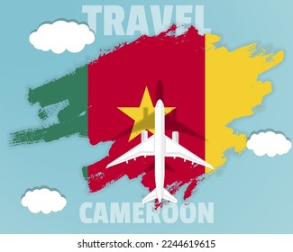 Traveling to Cameroon, top view passenger plane on Cameroon flag with clouds and weather, country tourism banner idea, vector design, brush splash