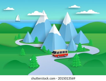 Traveling camper van going down the road near mountains and beach, vector illustration in paper art style. Beautiful sea coast and mountain landscape. Green hills scenery. Tourism, road trip.