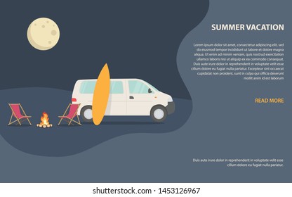 Traveling with campervan on summer vacation, outdoor camping illustration with night landscape