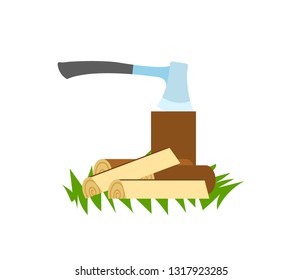 Traveling and camping, ax in stump and firewood vector. Woods and cutting tool, forestry and hiking, campfire or bonfire materials isolated object