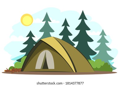 Traveling and camping background. Tent in forest. Tourist outdoor scene vector illustration. Sunny beautiful day, scenic horizontal panorama.