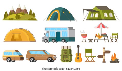 Traveling camping elements set with nature landscape tourist tents house trailer backpack barbecue guitar bonfire isolated vector illustration