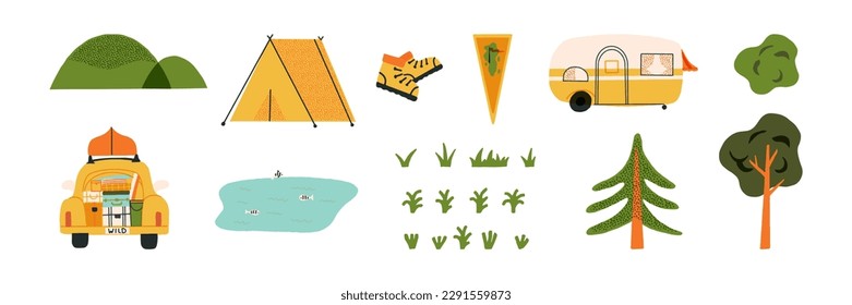 Traveling and camping, nature vacation collection, outdoor recreation vector set. A tourist tent, a mobile camper, a car with a boat on the top, a lake with fish, trees, climbing boots, a pennant.