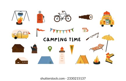 Traveling, camping vacation retro collection, outdoor recreation, explorer's stuff vector set. A tourist tents, a lighthouse, a mobile camper, a car with a boat on the top, climbing boots, a fireplace