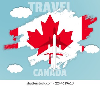 Traveling to Canada, top view passenger plane on Canada flag with clouds and weather, country tourism banner idea, vector design, brush splash