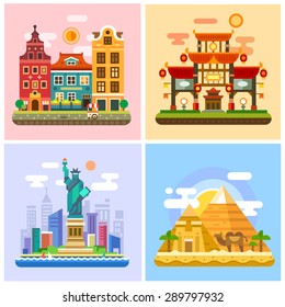 Traveling to the capitals of various countries.Walks in Europe, Japan Sunset, the deserts of Egypt, the Statue of Liberty in New York. Vector flat illustration