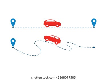 traveling with Car icon vector of automobile driving track trip with dotted line pin map point clipart