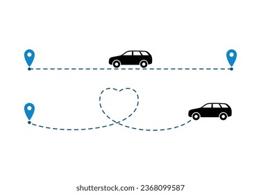 traveling with Car icon vector of automobile driving track trip with dotted line pin map point clipart