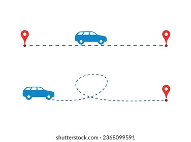 traveling with Car icon vector of automobile driving track trip with dotted line pin map point clipart