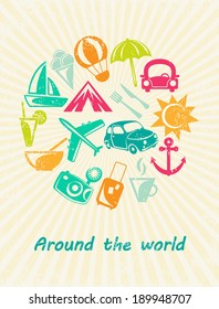 Traveling card. Retro travel icons. Grunge paper background. Vector illustration.