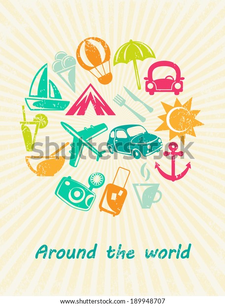 Traveling card. Retro travel icons. Grunge\
paper background. Vector\
illustration.