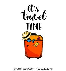 Traveling card. Sketch of luggage and hat. Vintage engraved illustration isolated on white background. Template for label, poster, postcard, invitation, flyer, logo, web. It's travel time lettering