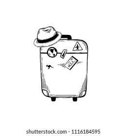 Traveling card. Sketch of luggage. Vintage engraved illustration isolated on white background. Template for label, poster, postcard, invitation, flyer, logo, web. 