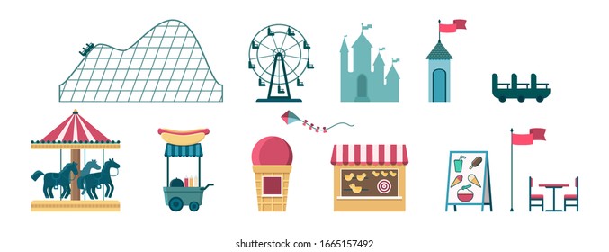 carnaval itinerante Conjunto de elementos vectoriales en estilo plano. Colección de atracciones de funfair Aislado sobre fondo blanco. Caballo, noria, montaña rusa, comida callejera, cañón, kiosco de comida rápida