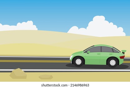 Traveling cars green color. Driving on an asphalt road with undulating desert hills. Wallpaper of blue sky and white clouds.