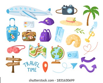 Viajar en grupo de dibujos animados, niños viajar o vacaciones conjunto de clipart - avión, palmera, maleta, boletos aéreos, mapa, globo, puntero de carretera, cámara, mochila - elementos aislados en fondo blanco - vector