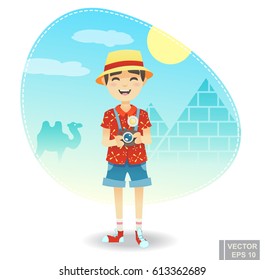 Traveling cartoon character. Happy world travel Asian man with a camera ready for a tour