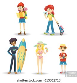 Traveling cartoon character. Happy world travel Set of people on vacation Leisure and recreation eps10