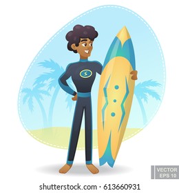 Traveling cartoon character. Happy world travel Afro-American boy in a swimsuit with surfboard on the beach eps10