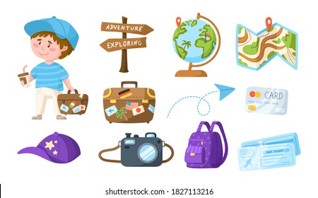 Traveling cartoon cute boy with coffee and suitcase - kids travel or vacation clipart bundle, character with globe, air tickets, camera, backpack, isolated elements on white background - vector