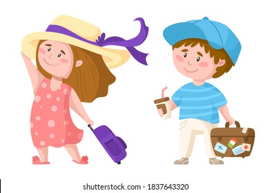Traveling cartoon cute boy and girl, kids travel or vacation clipart, couple of characters with suitcase, coffee, sun hat, tourists have summer trip - isolated elements on white background vector