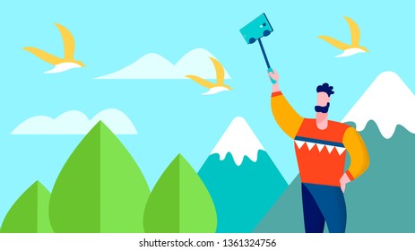 Traveling Cartoon Man Taking Selfie Photo in Mountain Using Smartphone Traveler Blog Banner Explorer and Highland Vector Illustration Summer Vacation Outdoors Recreation World Exploration Landing Page