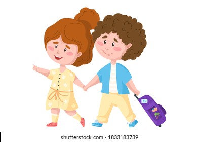 Traveling cartoon romantic couple of tourists - boy and girl walking, kids travel or vacation clipart, characters with trip suitcase - isolated elements on white background vector