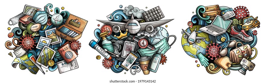 Traveling cartoon vector doodle designs set. Colorful detailed compositions with lot of 2021 travel objects and symbols. Isolated on white illustrations