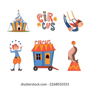 Traveling Chapiteau Circus with Acrobat, Clown Juggling Balls, Seal and Tent Vector Set