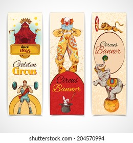 Traveling chapiteau circus advertising fantastic clown performance three vertical vintage banners set isolated doodle sketch vector illustration