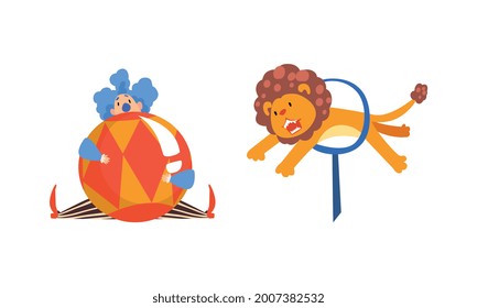 Traveling Chapiteau Circus with Clown and Lion Jumping Through Hula Hoop Performing Trick Vector Set