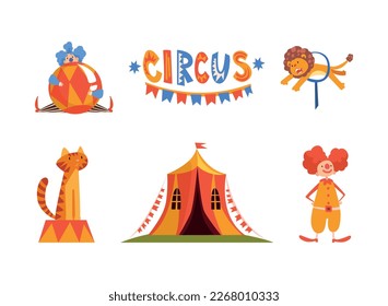 Traveling Chapiteau Circus with Clown, Tent, Lion and Tiger Vector Set