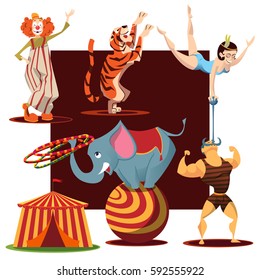 Traveling chapiteau circus retro cartoon icons collection with tent and trained wild animals performance isolated vector illustration