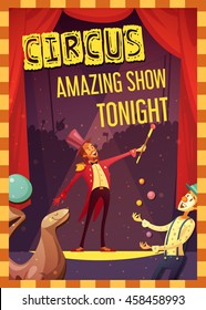 Traveling Chapiteau Circus Show Announcement Retro Cartoon Style Poster Print With Clown And Magician Performance Vector Illustration