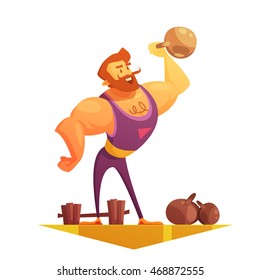 Traveling Chapiteau Circus Show Element Retro Cartoon Style Icon With Strongman Lifting Barbels Abstract Vector Illustration 