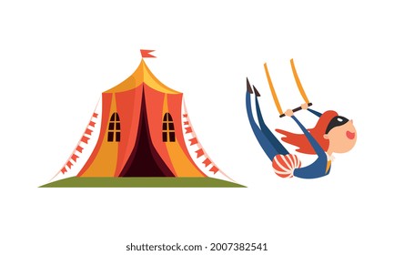 Traveling Chapiteau Circus with Tent and Woman Acrobat Performing Trick Vector Set