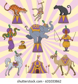 Traveling chapiteau circus vector isolated retro stage cartoon icons collection of tent, horse, camel, cobra, trainer, handler, tamer, snake charmer, elephant, monkey, tiger, panther. 