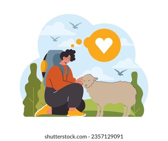 Traveling. Character traveling with a back pack. Outdoor relaxation, vacation activity. Adventurous lifestyle, traveler exploring nature. Active and healthy lifestyle. Flat vector illustration